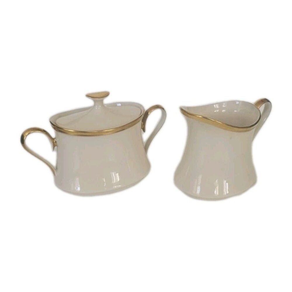 Lenox Bone China Eternal Wide Gold Trim Ivory Creamer & Sugar Bowl With Lid USA